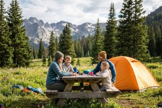Famille en camping en montagne avec tente et nature