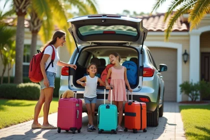 Famille chargeant ses bagages dans un SUV avant un trajet en voiture de Miami à Orlando avec des enfants