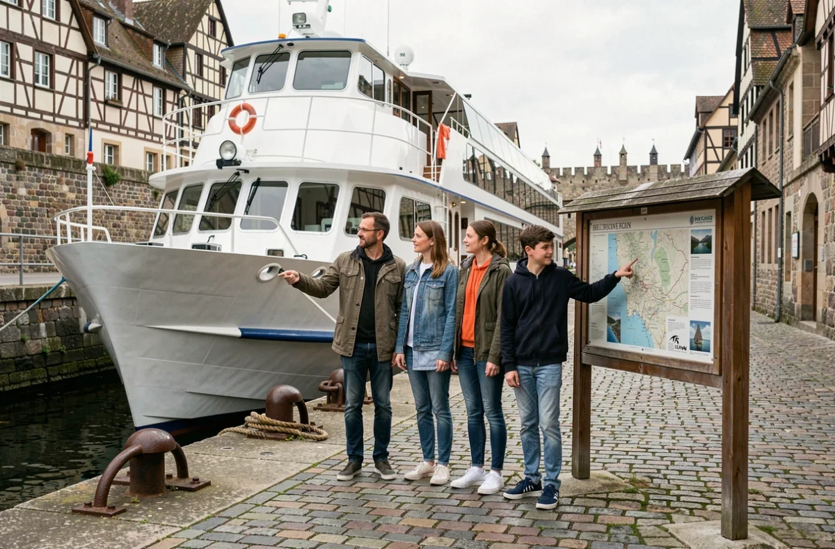 Famille en escale lors d'une croisière fluviale européenne devant un quai historique avec un bateau amarré en arrière-plan