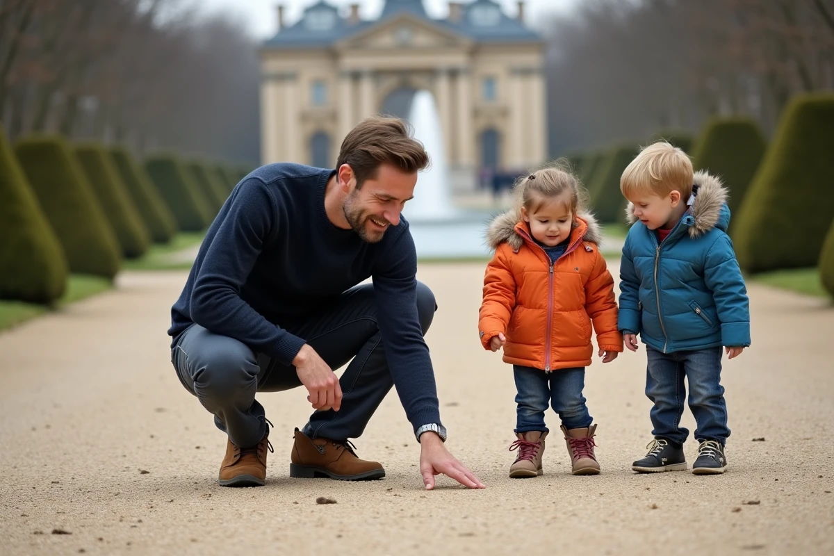 Père et deux enfants explorant les allées du Palais-Royal à Paris lors d'une balade en famille