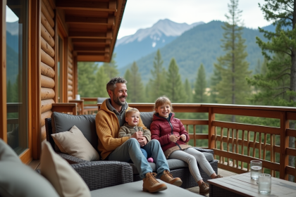 Famille souriante sur la terrasse d’un lodge en forêt