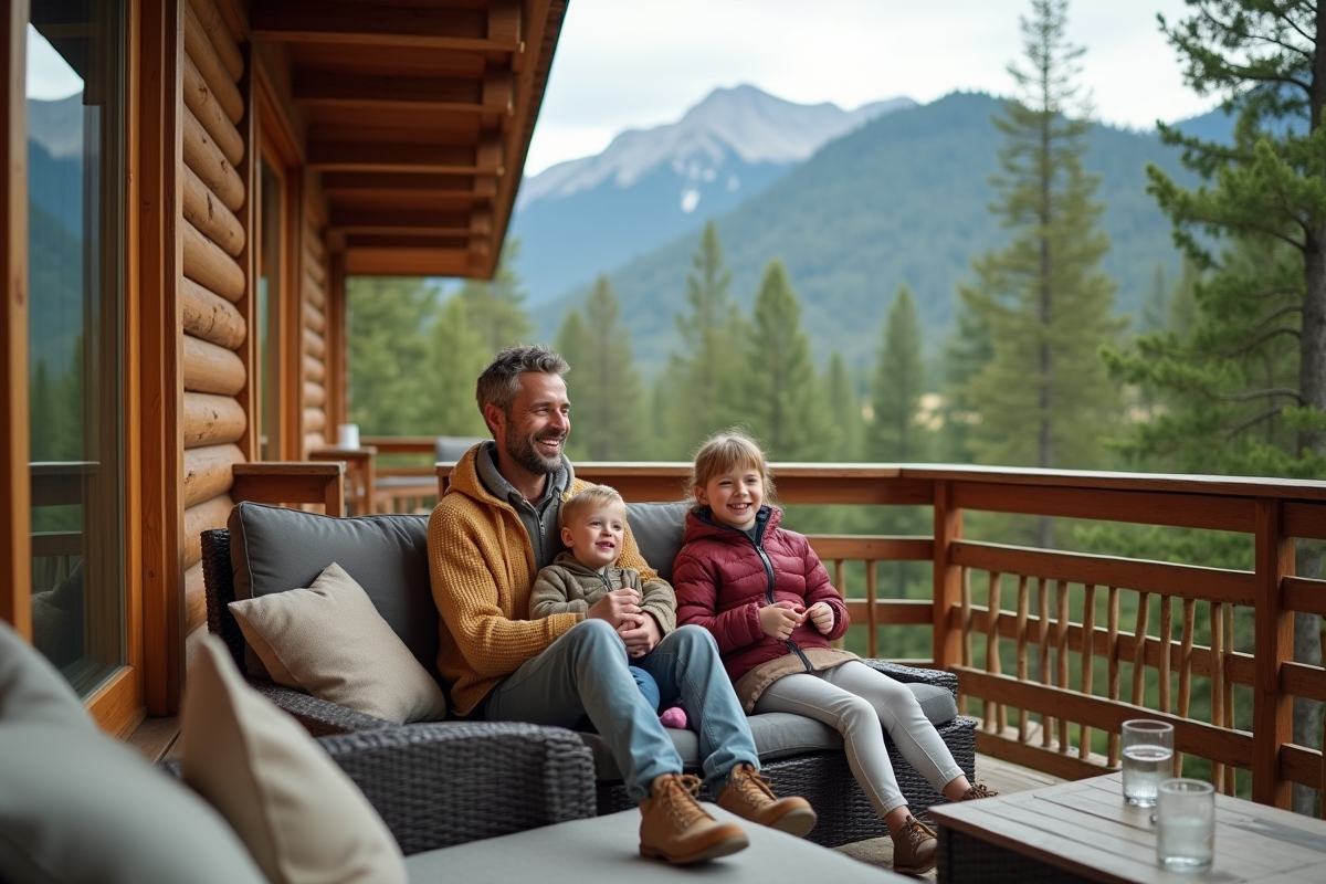 Famille souriante sur la terrasse d’un lodge en forêt