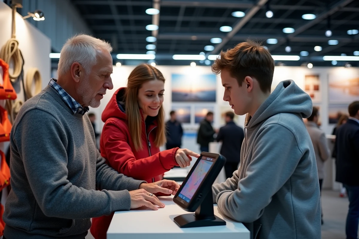 Famille découvrant un équipement de navigation électronique au Salon nautique international de Paris