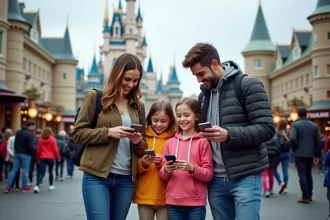 Famille souriante devant le château du parc à Paris