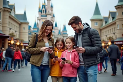 Famille souriante devant le château du parc à Paris