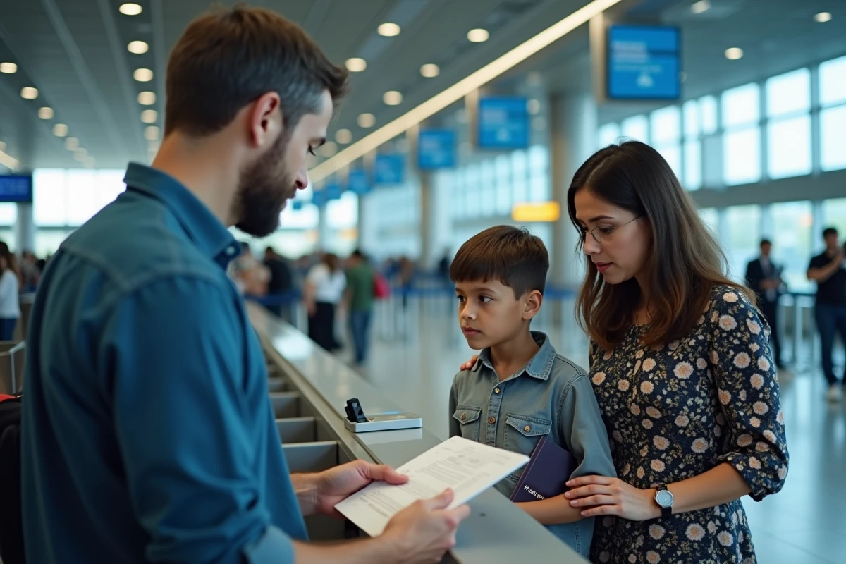 Famille avec enfant présentant un passeport au comptoir d'enregistrement d'un aéroport pour voyager au Maroc