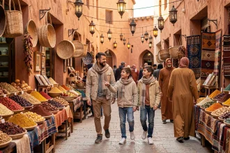 Famille avec enfants explorant le souk de Marrakech en février au Maroc