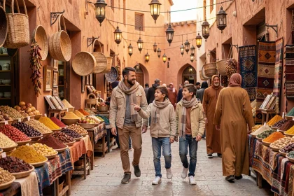 Famille avec enfants explorant le souk de Marrakech en février au Maroc