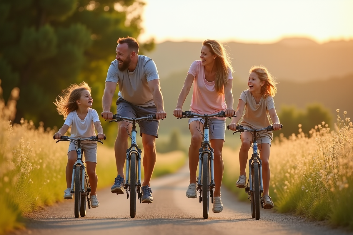 Famille faisant du vélo dans la campagne française en été