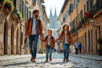 Famille souriante marchant dans une ville européenne historique