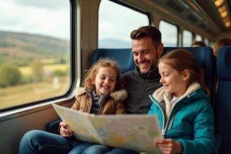 Famille voyageant en train en Europe avec carte