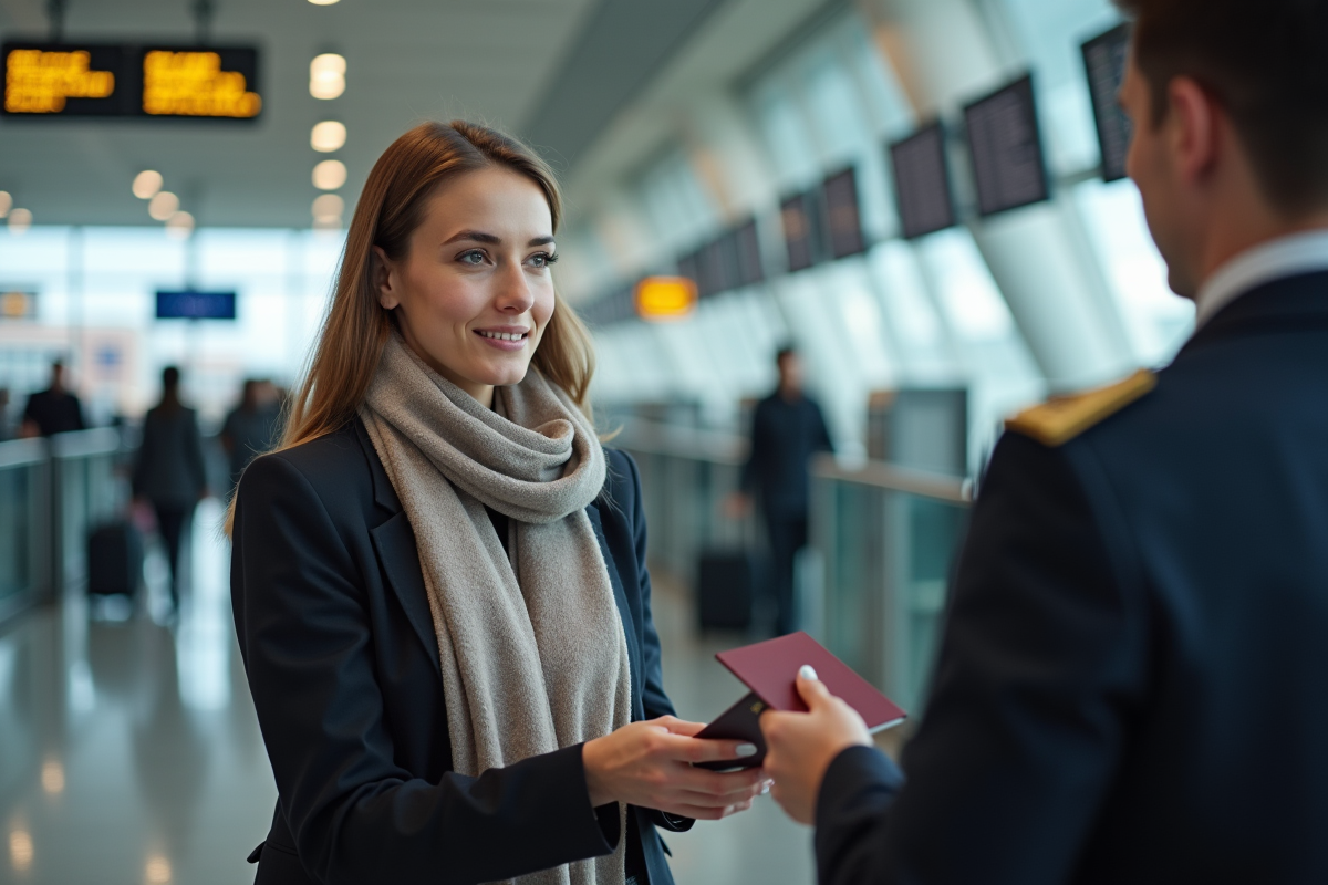 Femme à l'aéroport remettant son passeport à un agent