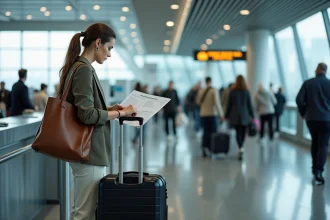 Femme vérifiant sa liste d'assurance à l'aéroport