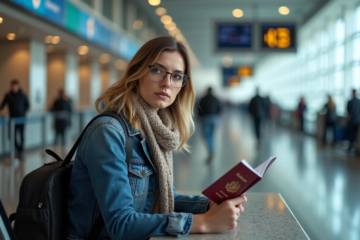 Femme à l'aéroport tenant son passeport avec réflexion