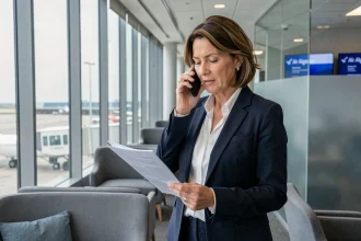 Femme d'affaires au téléphone dans un salon d'aéroport Air Algérie, consultant des documents de voyage professionnel