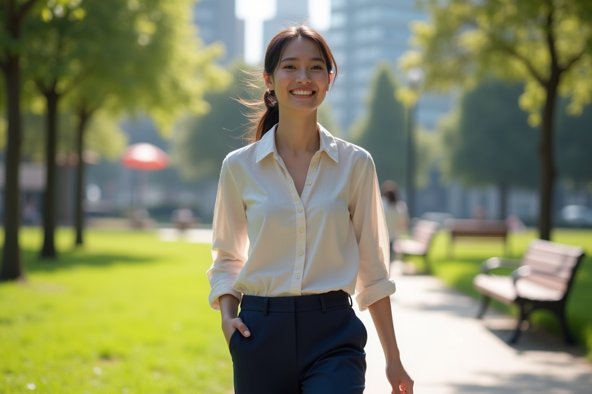 Jeune femme marchant dans un parc urbain ensoleille
