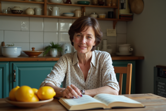 Femme française pointant un dictionnaire bilingue dessert