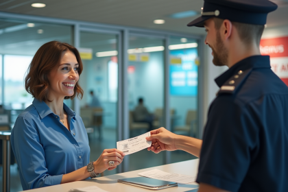 Femme remettant un billet à un agent de voyage