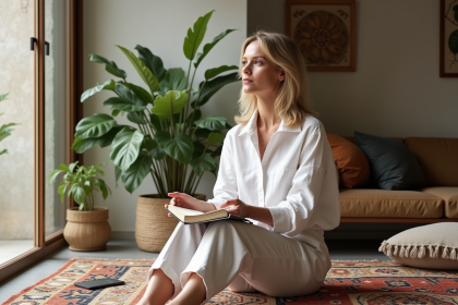 Femme blonde assise dans un salon marocain moderne