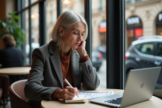 Femme d'âge moyen au café avec ordinateur et documents de voyage