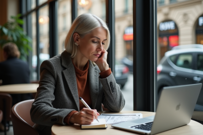 Femme d'âge moyen au café avec ordinateur et documents de voyage
