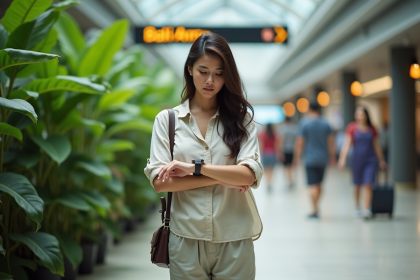 Jeune femme vérifiant sa montre à Bali parmi la végétation