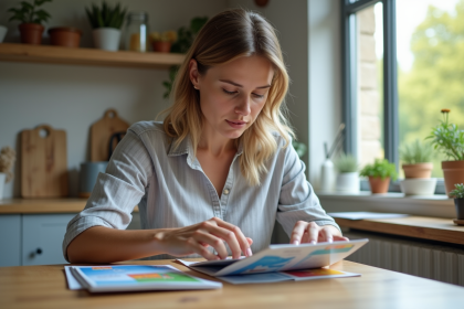 Femme triant des chèques vacances dans une cuisine moderne