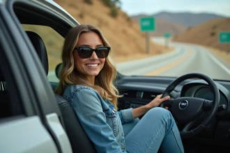 Femme en denim et lunettes au volant d'une voiture en Californie