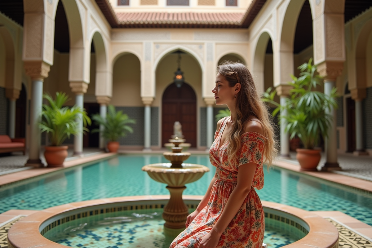 Jeune femme relaxant près de la fontaine du riad