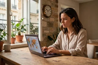 Femme consultant une carte des fuseaux horaires sur son ordinateur portable dans un appartement parisien pour calculer le décalage horaire avec Bali