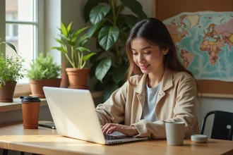 Femme planifiant un road trip écologique dans une cuisine moderne