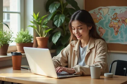 Femme planifiant un road trip écologique dans une cuisine moderne