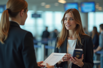 Femme à l'aéroport parlant avec le personnel de la compagnie aérienne