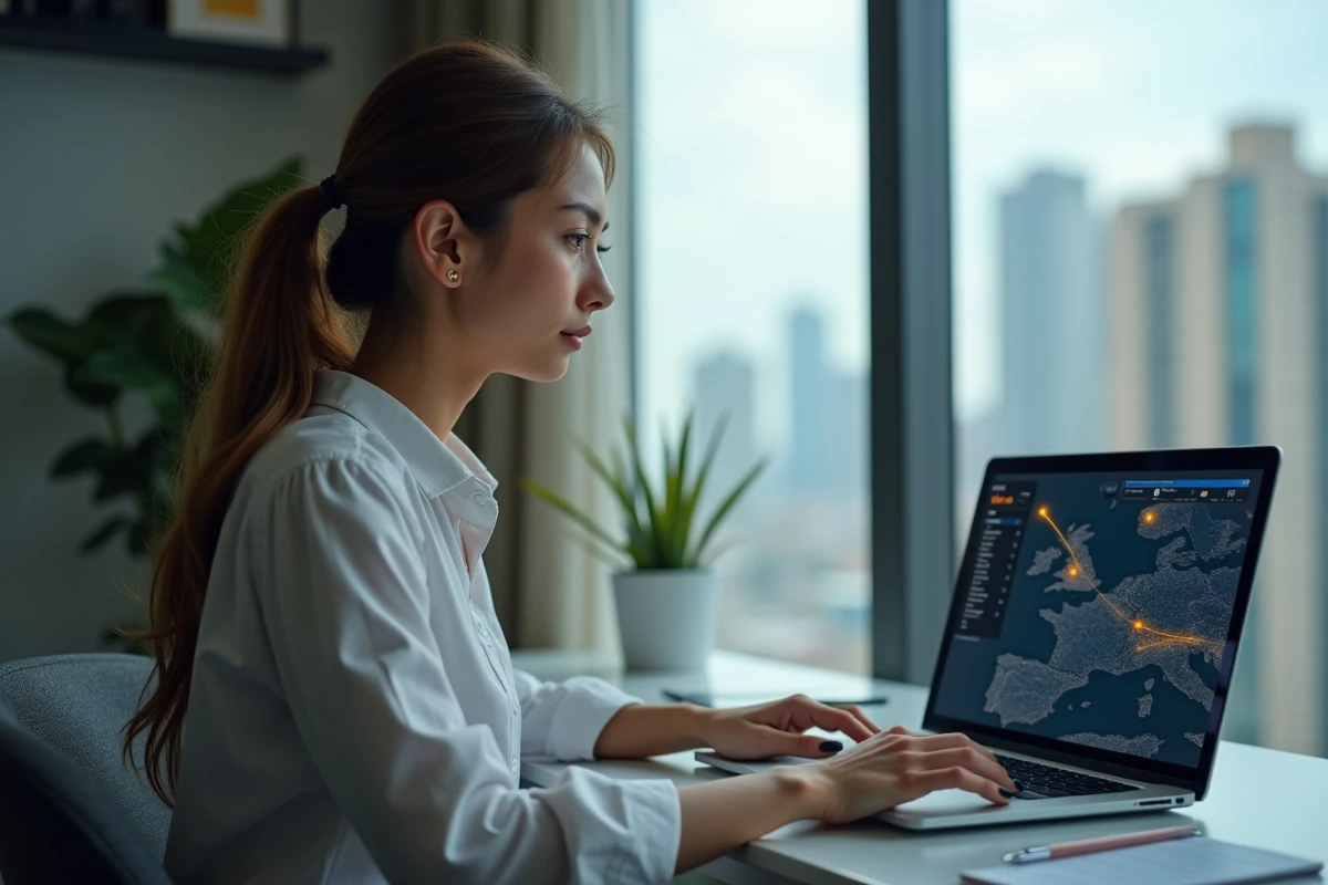 Jeune femme étudiant une carte de trafic aérien sur son ordinateur