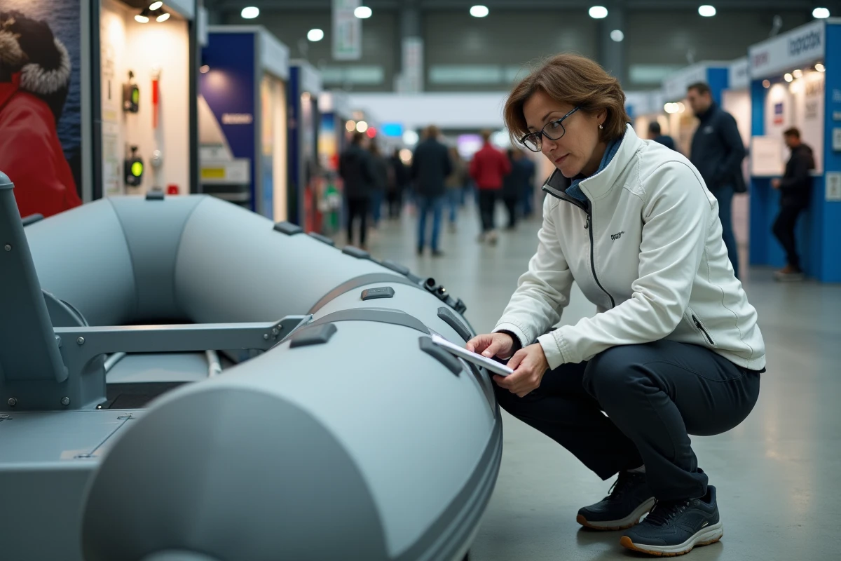 Femme examinant la coque d'un bateau pneumatique rigide au Salon nautique international de Paris