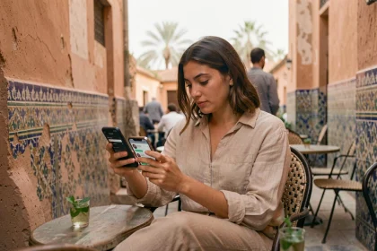 Jeune femme consultant son téléphone portable pour choisir un forfait mobile au Maroc, assise dans un café de la médina