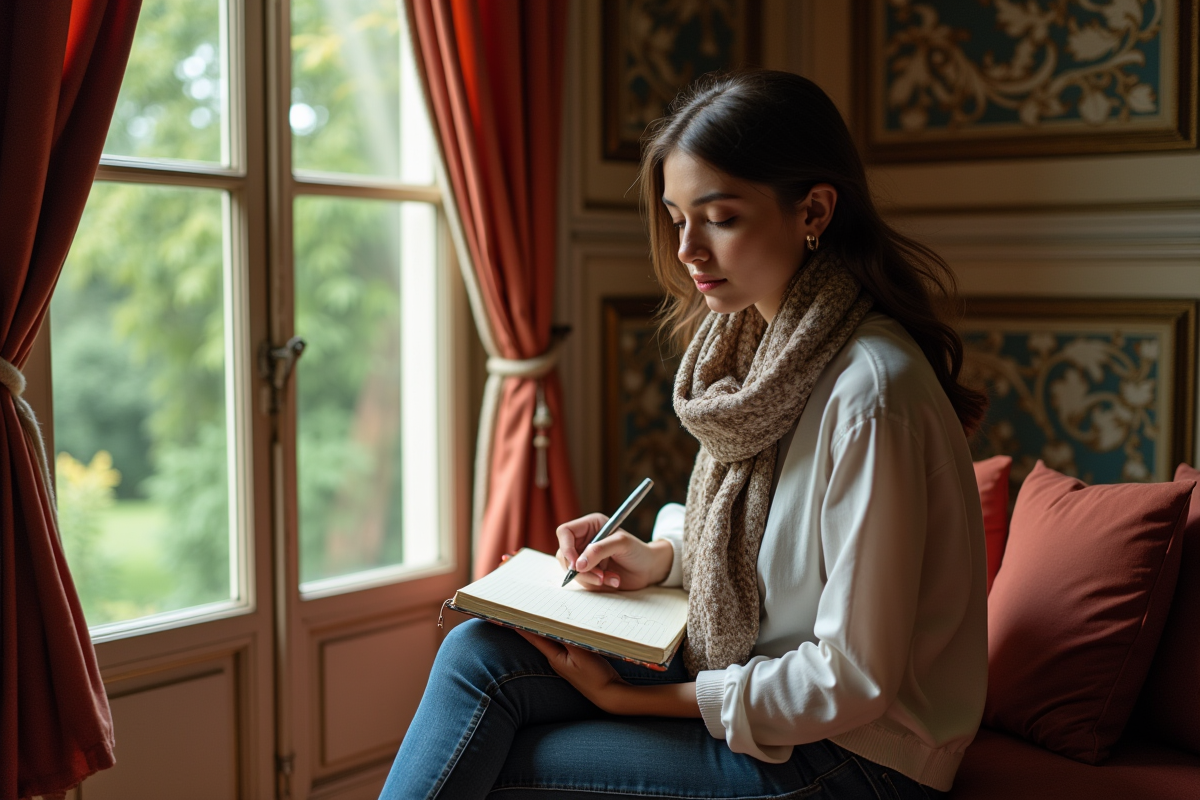 Femme écrivant dans un journal près d une fenêtre