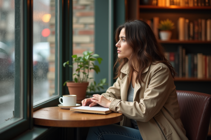 Femme contemplant un livre dans un café sous la pluie