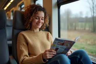 Femme lisant un magazine dans un train moderne