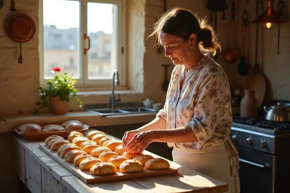 Femme maltese préparant des pastizzi dans une cuisine rustique