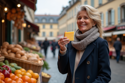 Femme dégustant un fromage artisanal au marché français