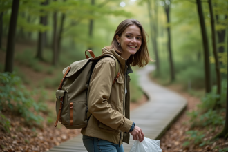 Jeune femme ramasse du plastique dans la forêt lors d'une promenade