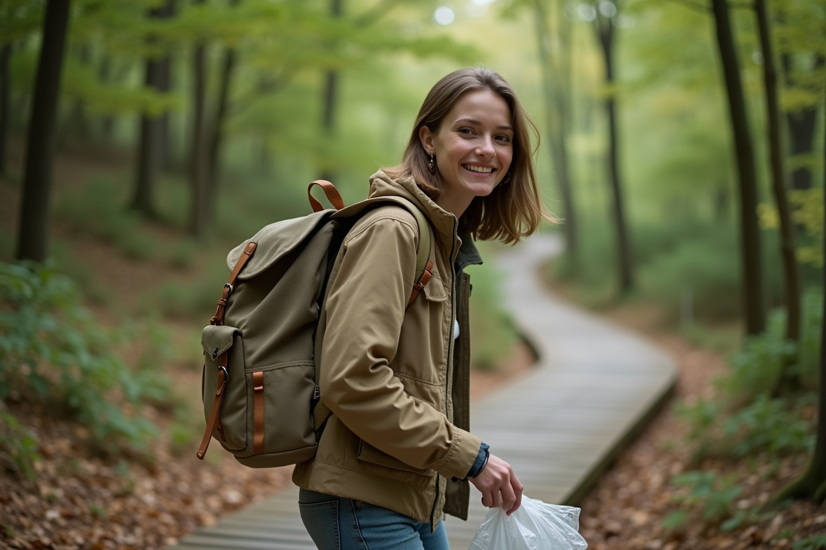 Jeune femme ramasse du plastique dans la forêt lors d'une promenade