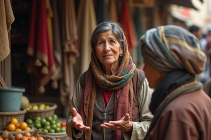 Femme nomade en marché animé avec vendeurs et tissus