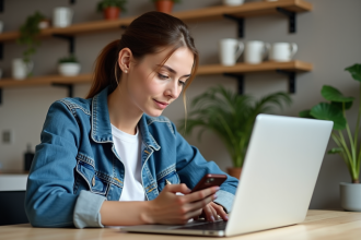 Jeune femme avec smartphone et ordinateur portable à la maison