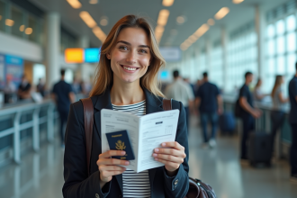 Jeune femme avec passeport et boarding pass à l'aéroport