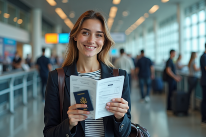 Jeune femme avec passeport et boarding pass à l'aéroport