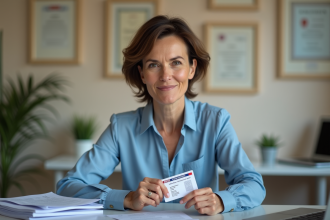 Femme d'âge moyen tenant son permis de conduire français