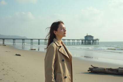 Femme contemplative sur une plage européenne au vent