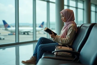 Jeune femme en hijab lisant priere dans un aeroport